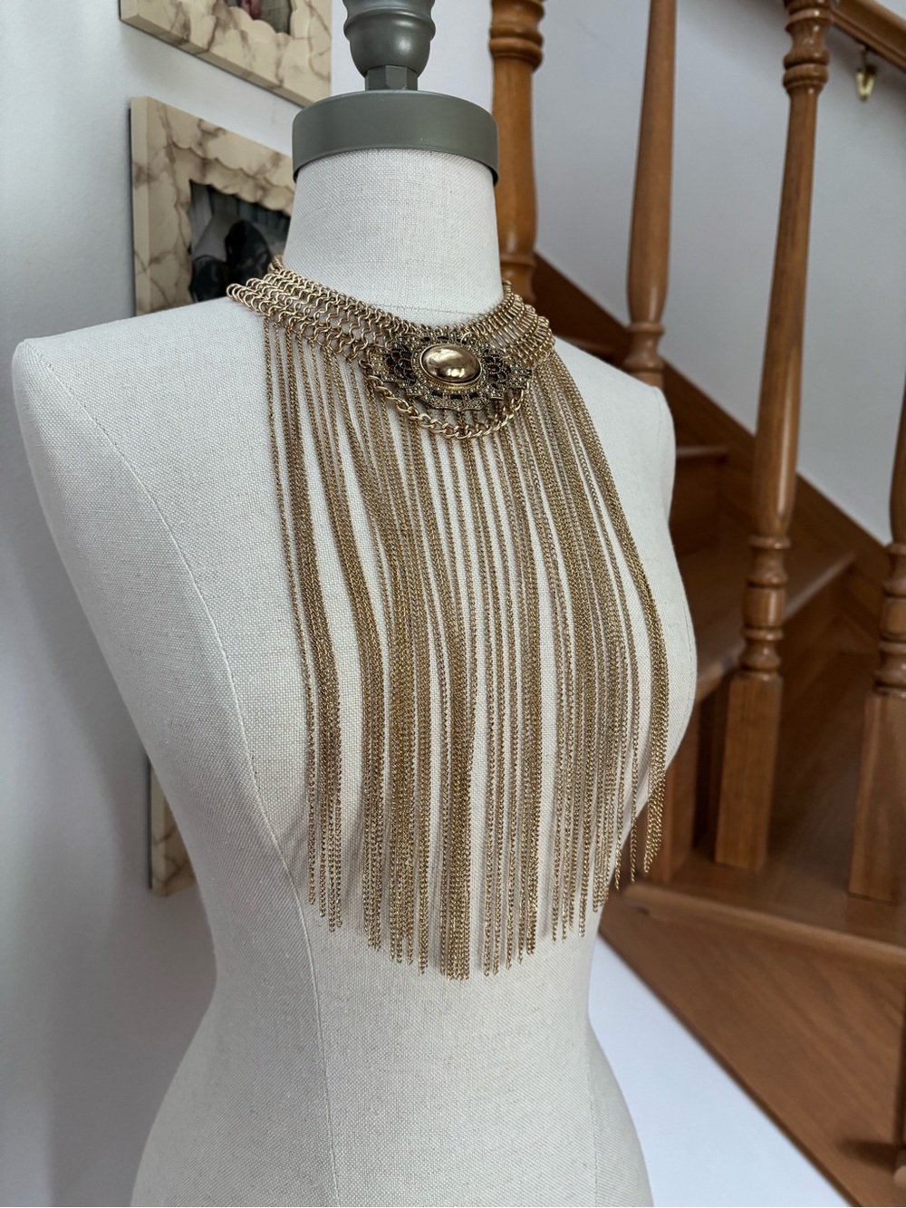 Gold Tone Multi-Strand Fringe Chain Statement Collar Necklace with Medallion